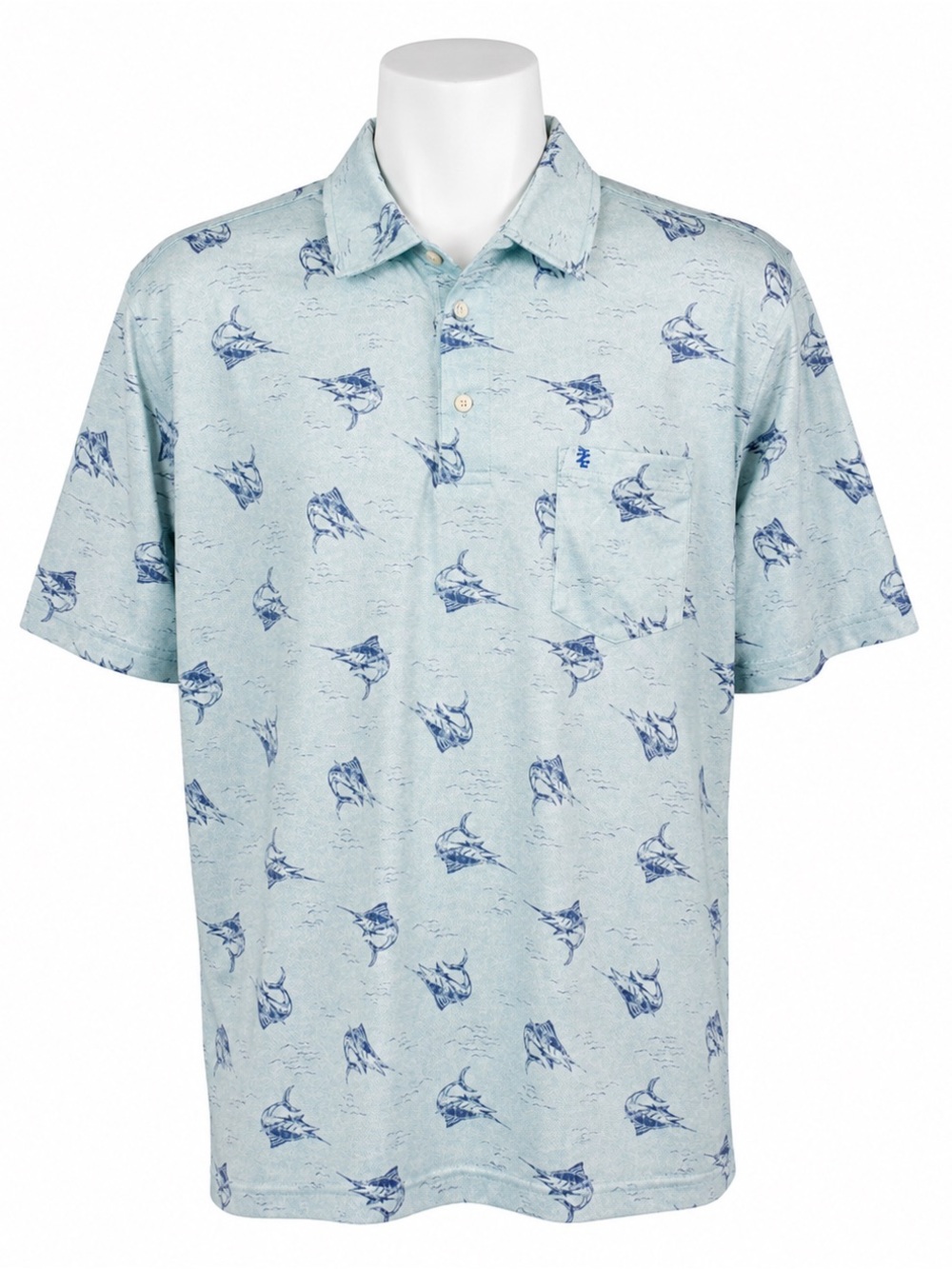 NWT IZOD Saltwater Men's Large Light Blue Marlin Print Polo Shirt. New With Tags